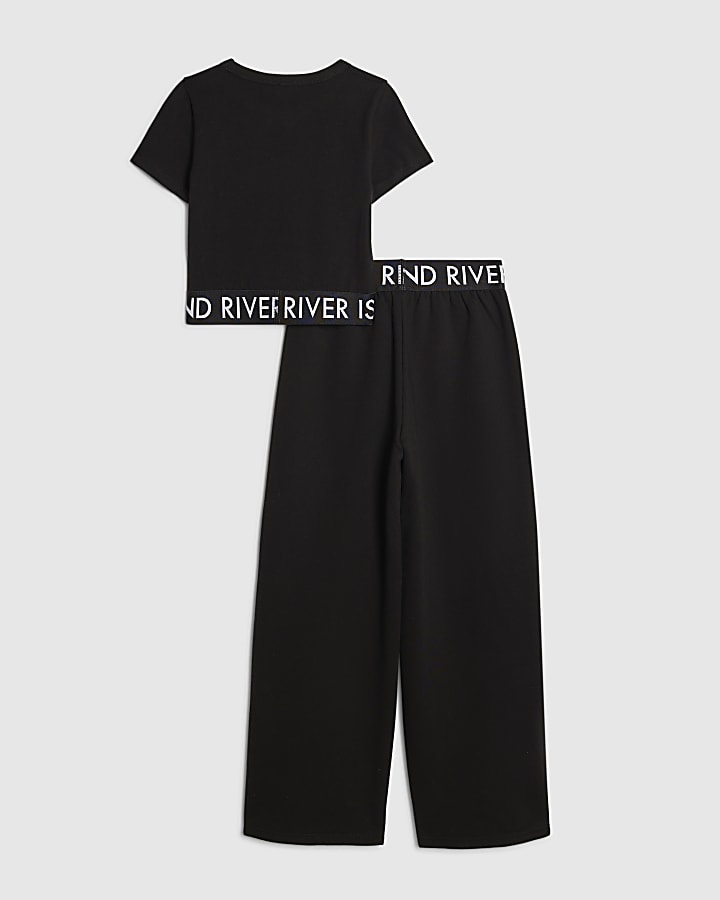 Girls Black Graffiti Wide Leg Trousers Set