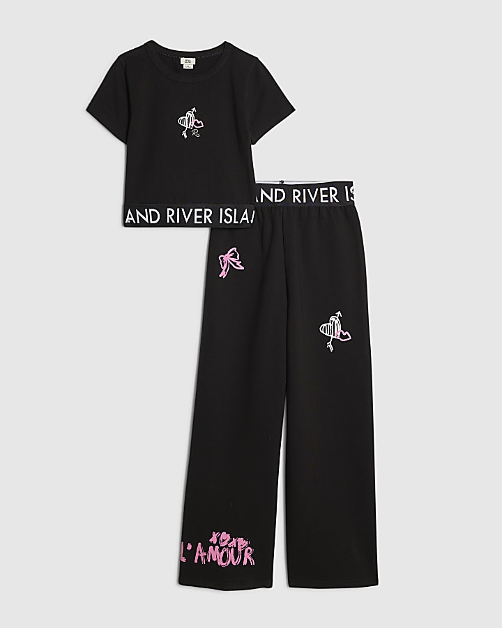 Girls Black Graffiti Wide Leg Trousers Set