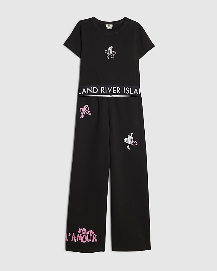 Girls Black Graffiti Wide Leg Trousers Set