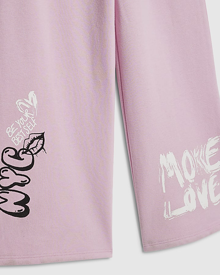 Girls Pink Graffiti Wide Leg Trousers Set