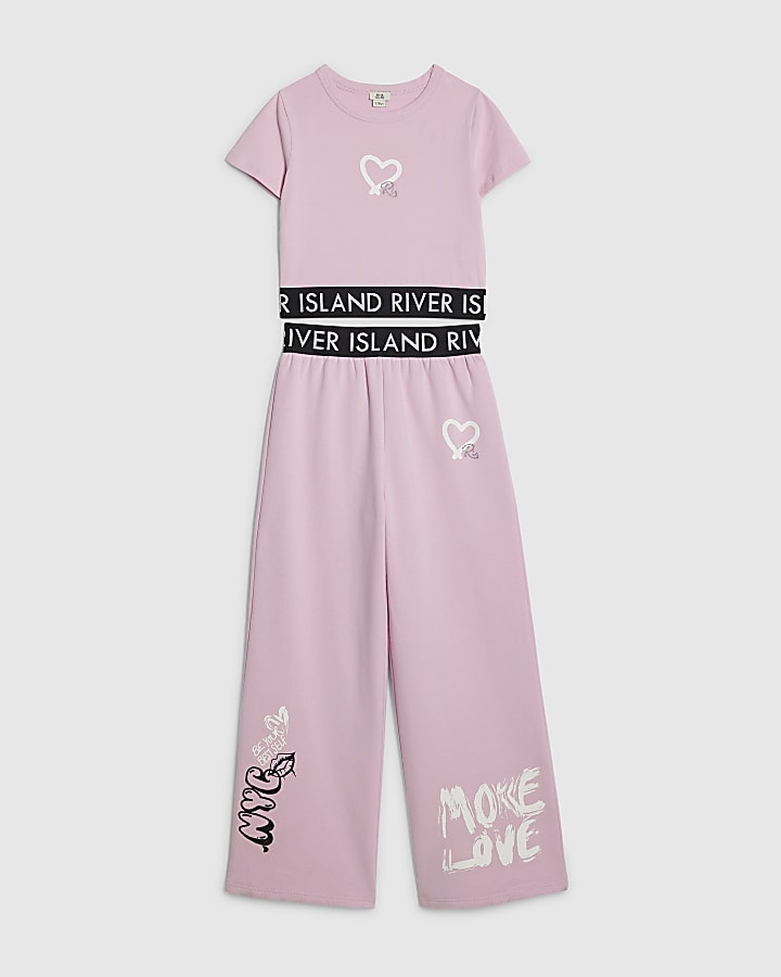 Girls Pink Graffiti Wide Leg Trousers Set