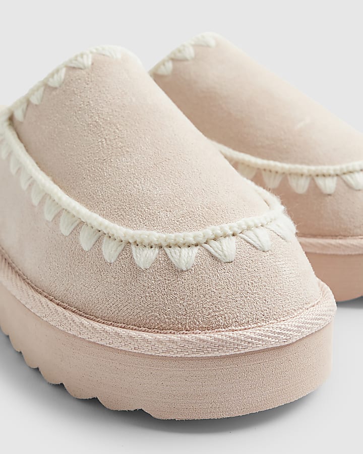 Girls Pink Whipstitch Moccasin Mule Slippers
