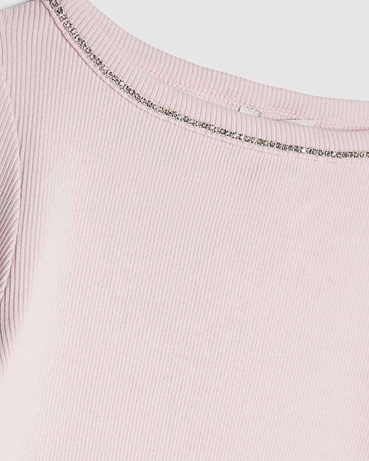 Girls Pink Long Sleeved Diamante Top