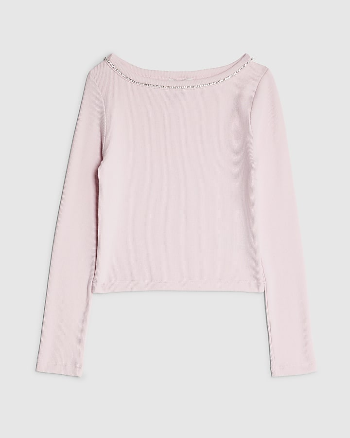 Girls Pink Long Sleeved Diamante Top