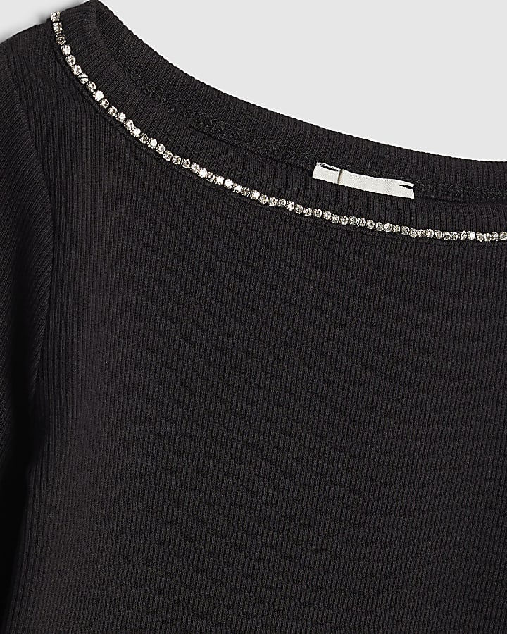 Girls Black Long Sleeved Diamante Top