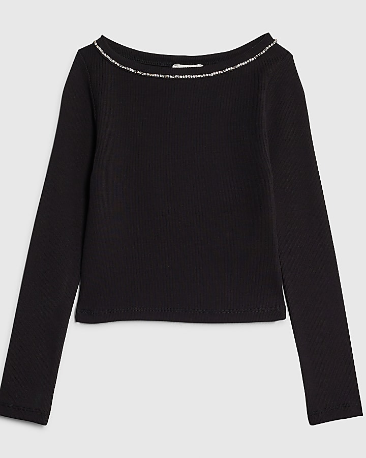 Girls Black Long Sleeved Diamante Top