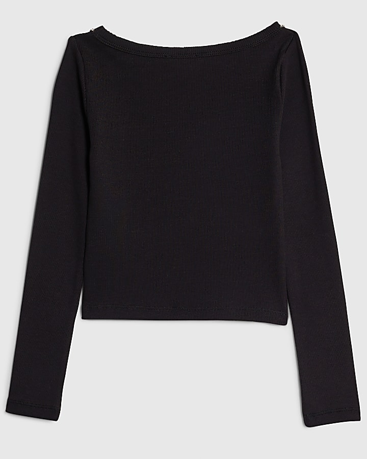 Girls Black Long Sleeved Diamante Top