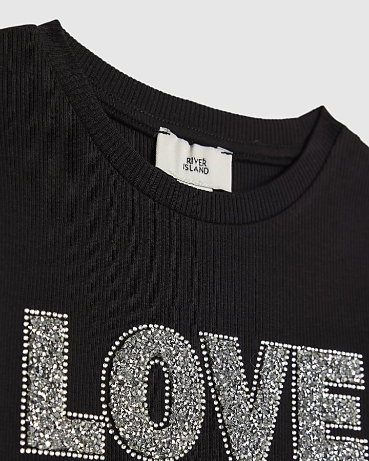 Girls Black Ribbed Love Embellished T-Shirt