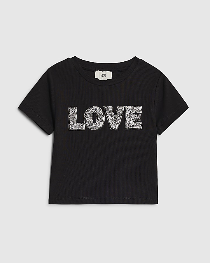 Girls Black Ribbed Love Embellished T-Shirt