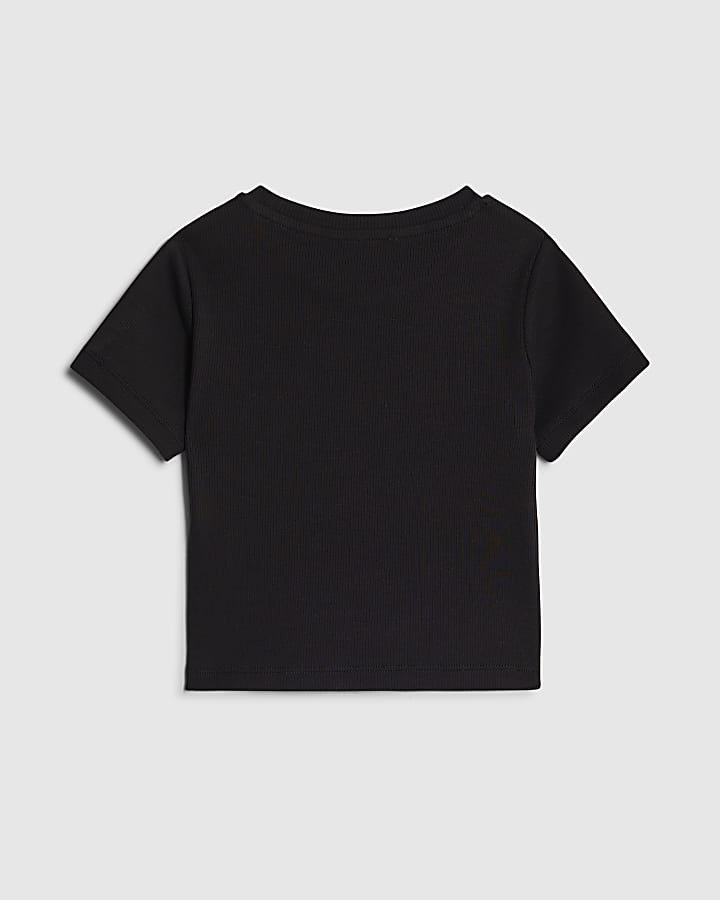 Girls Black Ribbed Love Embellished T-Shirt