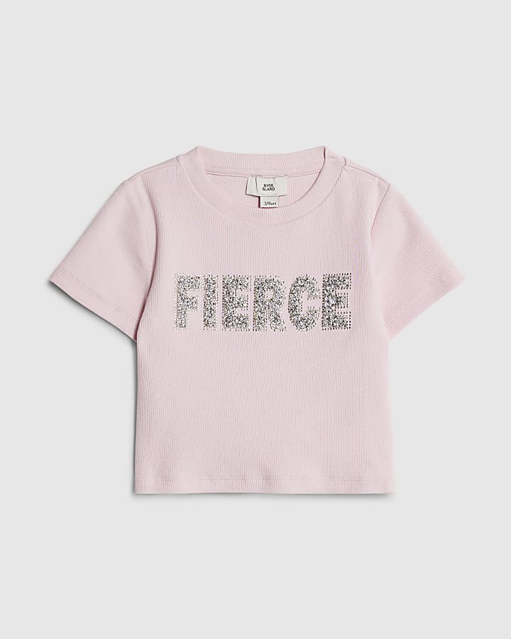 Girls Pink Embellished Fierce T-Shirt