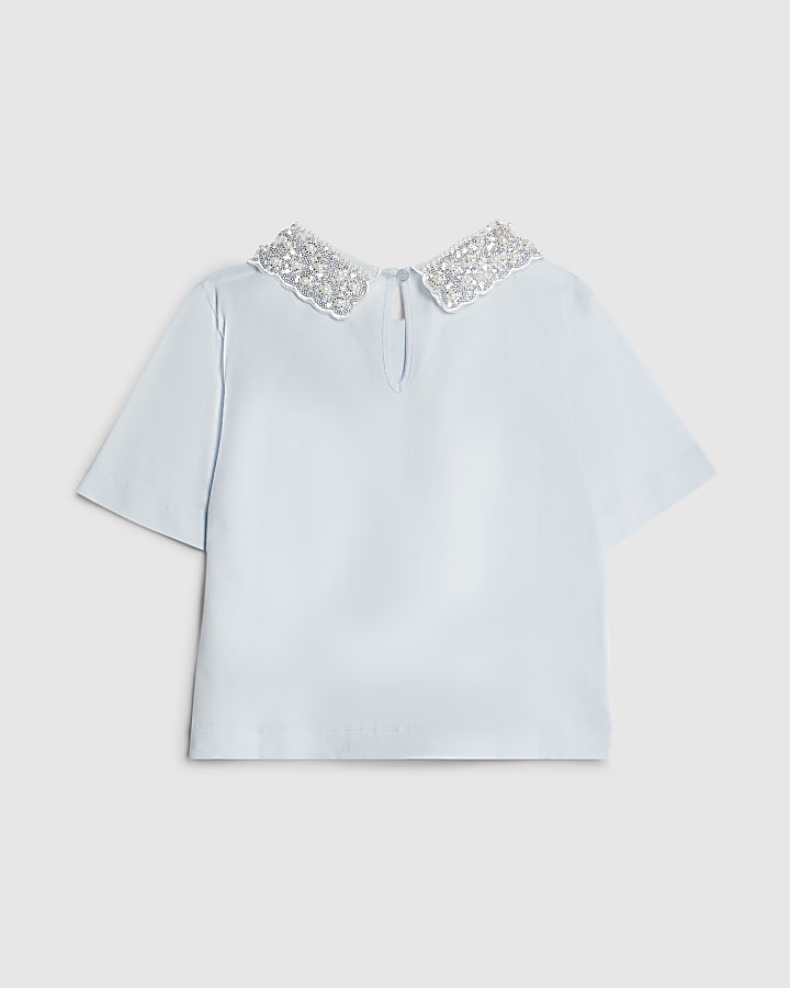 Girls Blue Pearl Collar T-Shirt