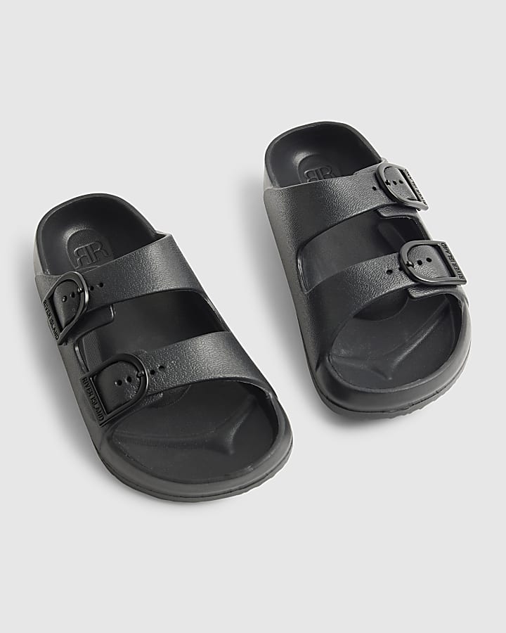 Boys Black Moulded Double Strap Sliders