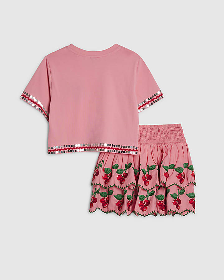 Girls Pink Cherry T-Shirt And Skirt Set