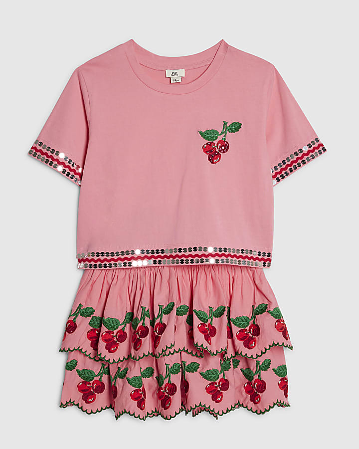 Girls Pink Cherry T-Shirt And Skirt Set