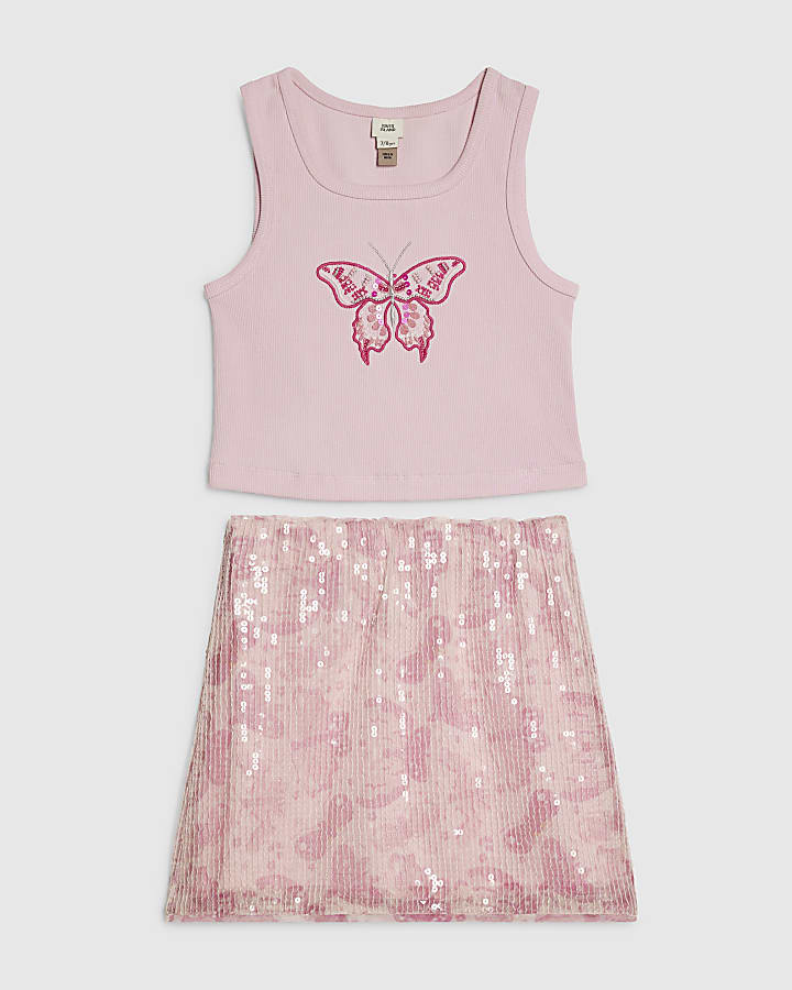 Girls Pink Butterfly Sequin Skirt Set