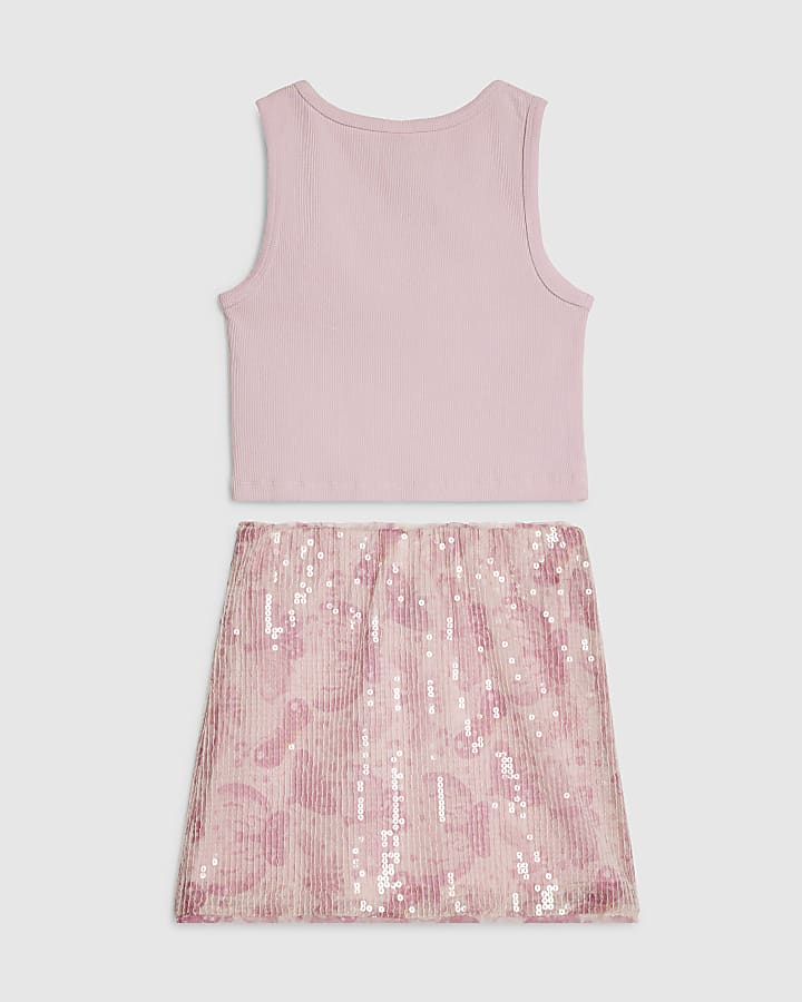 Girls Pink Butterfly Sequin Skirt Set