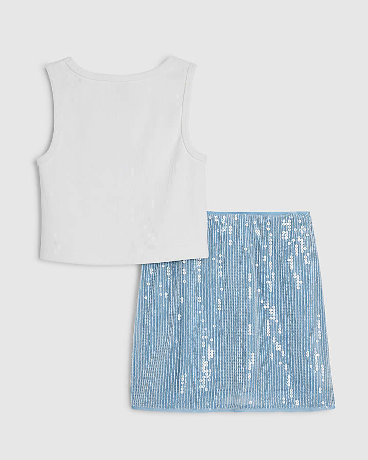 Girls Blue Shell Sequin Skirt Set