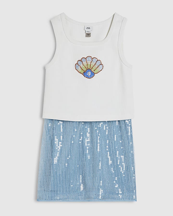 Girls Blue Shell Sequin Skirt Set