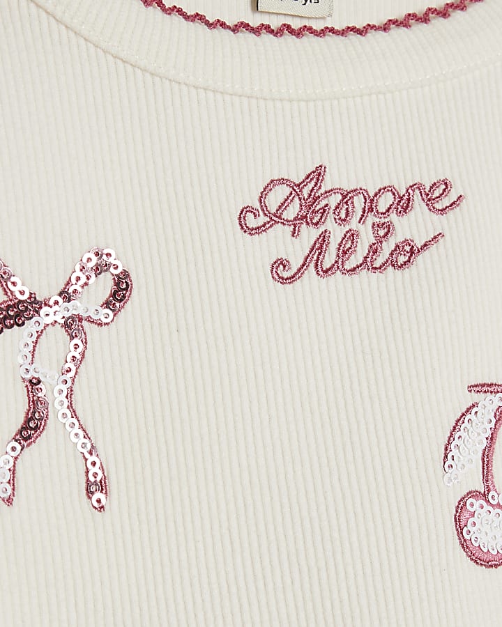 Girls White Ribbed Sequin Embellished T-Shirt
