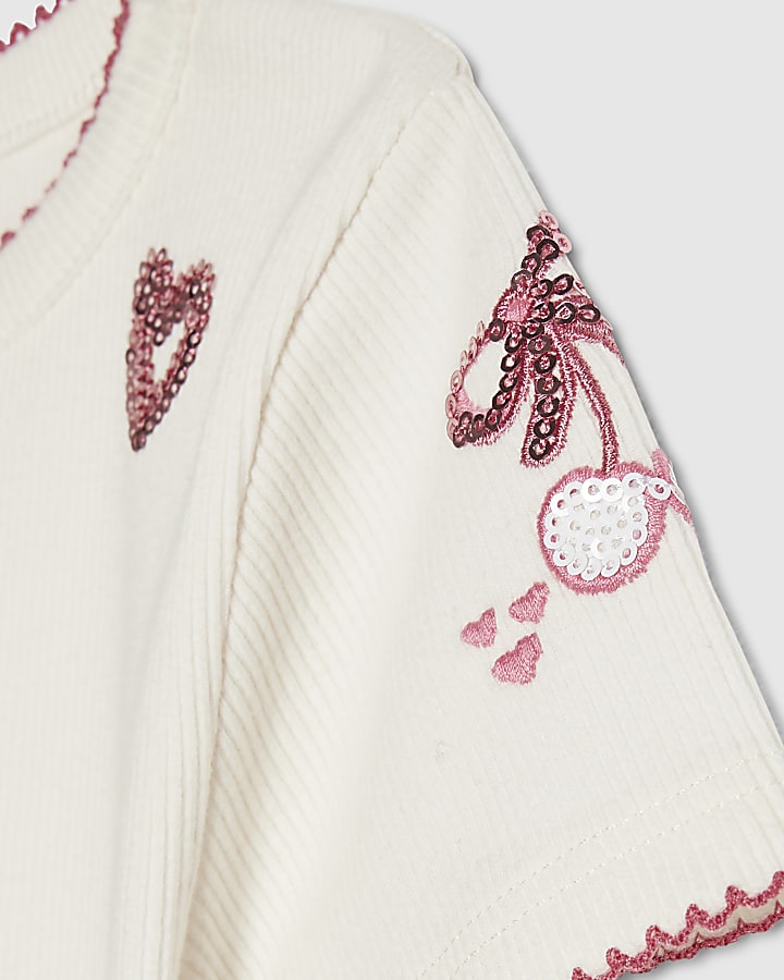 Girls White Ribbed Sequin Embellished T-Shirt