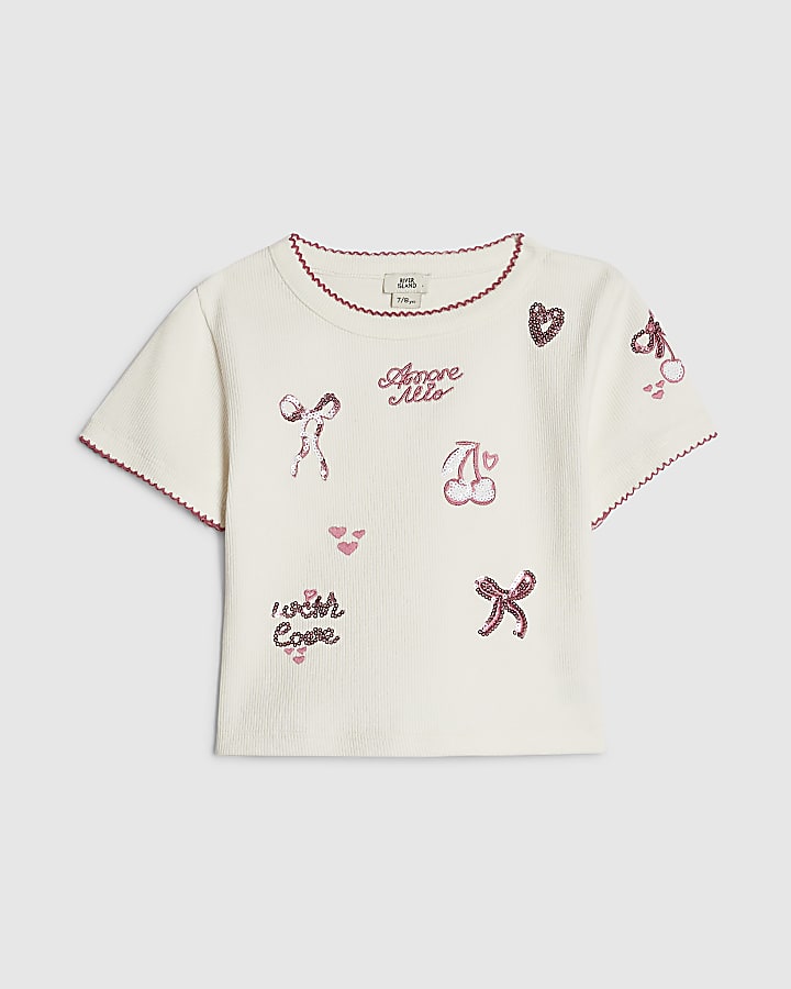 Girls White Ribbed Sequin Embellished T-Shirt