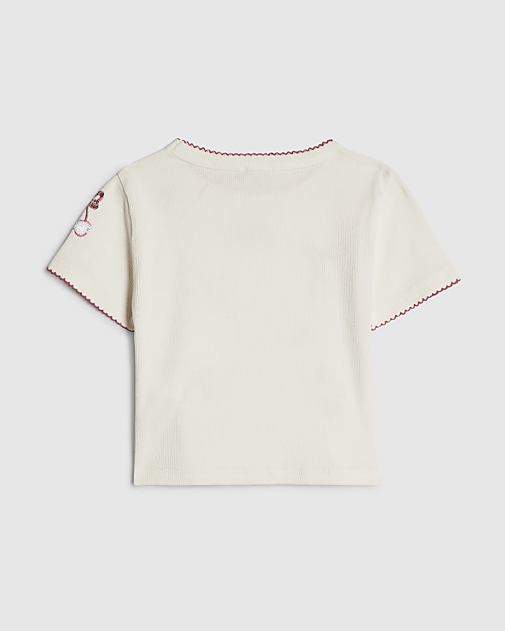 Girls White Ribbed Sequin Embellished T-Shirt