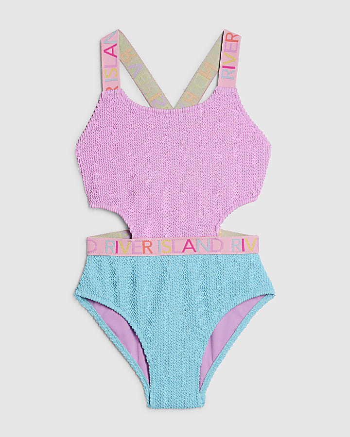 Girls Purple Colour Block Textured Swimsuit