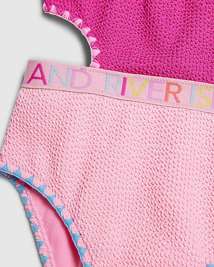 Girls Pink Textured Asymmetric Swimsuit