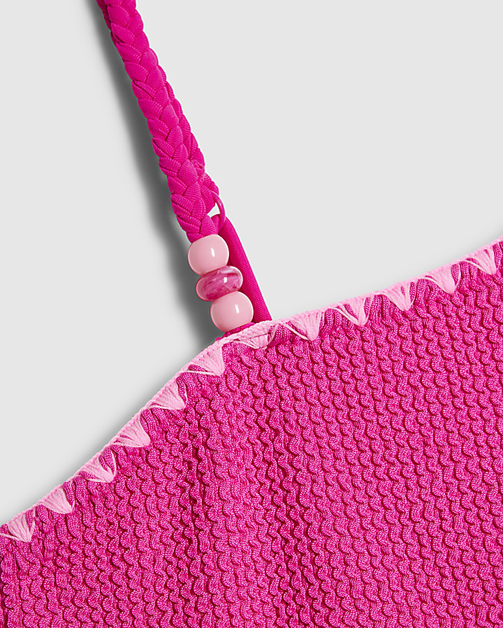 Girls Pink Textured Asymmetric Swimsuit