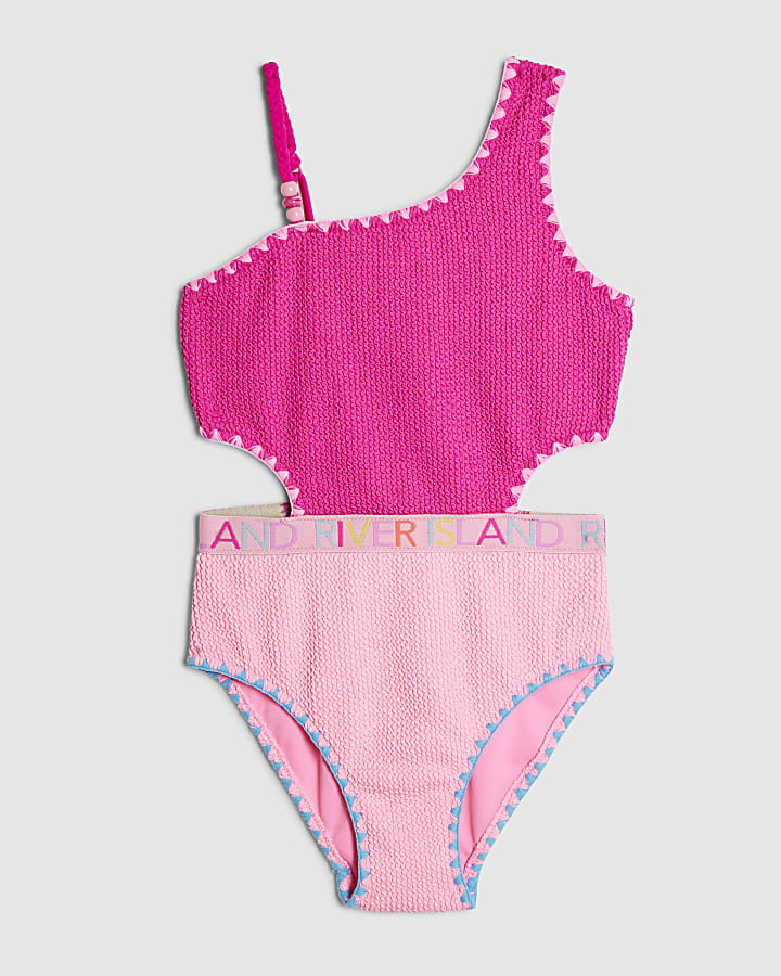 Girls Pink Textured Asymmetric Swimsuit