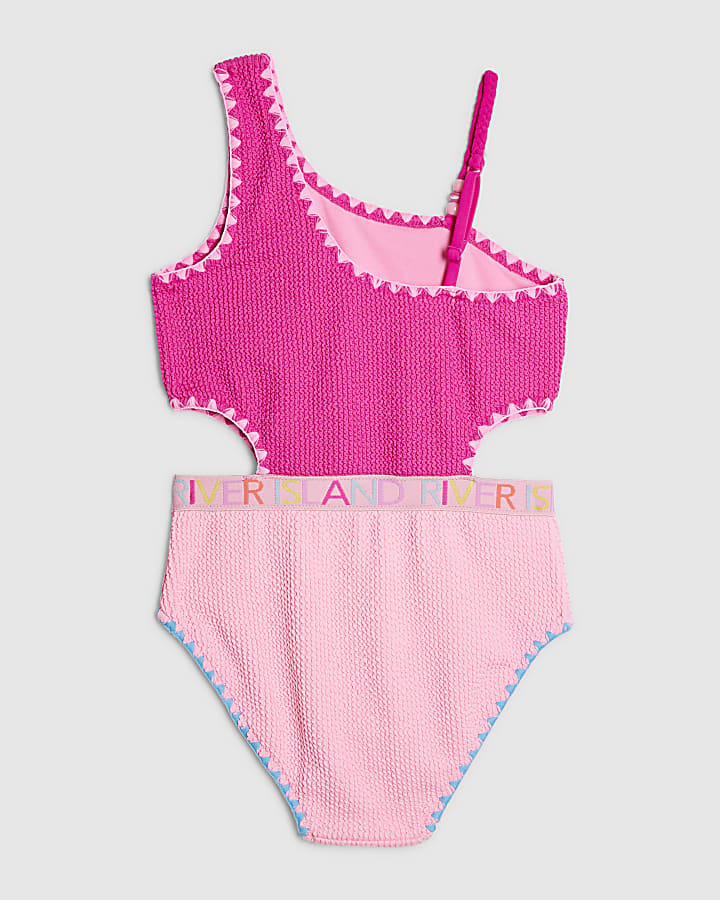 Girls Pink Textured Asymmetric Swimsuit