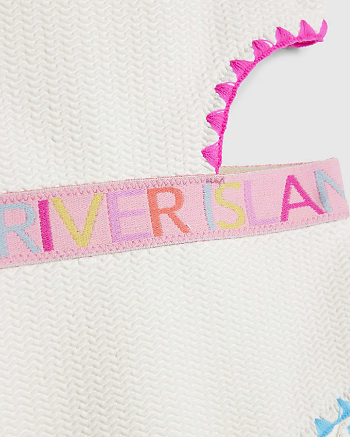 Girls White Textured Asymmetric Swimsuit