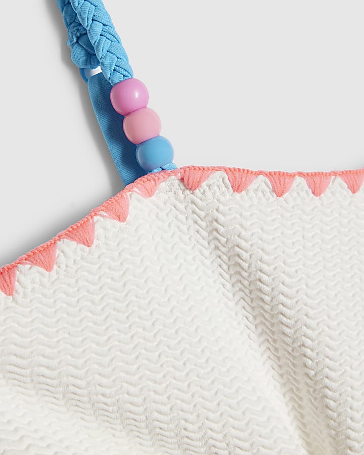 Girls White Textured Asymmetric Swimsuit