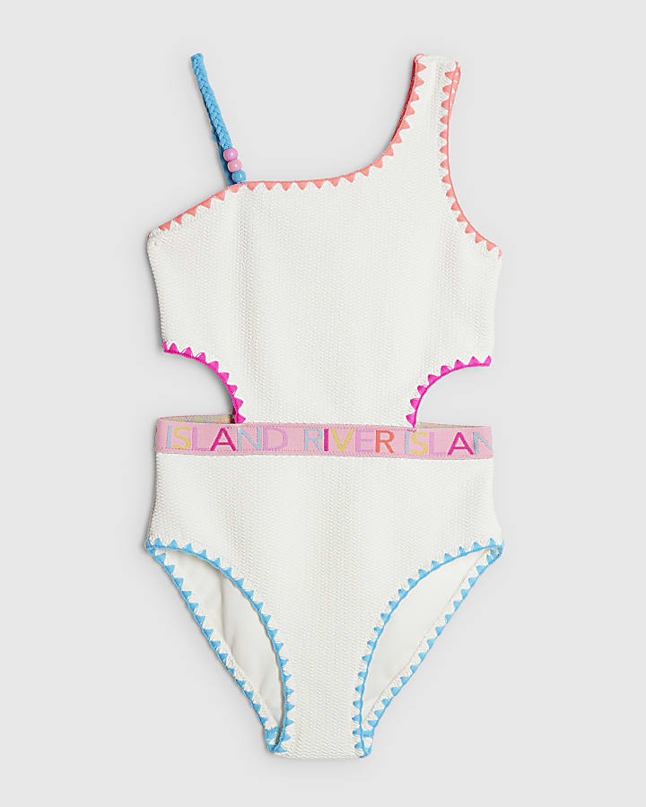 Girls White Textured Asymmetric Swimsuit