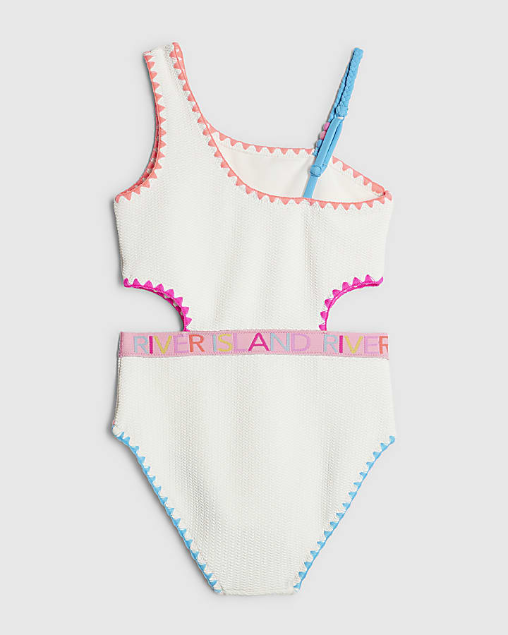 Girls White Textured Asymmetric Swimsuit