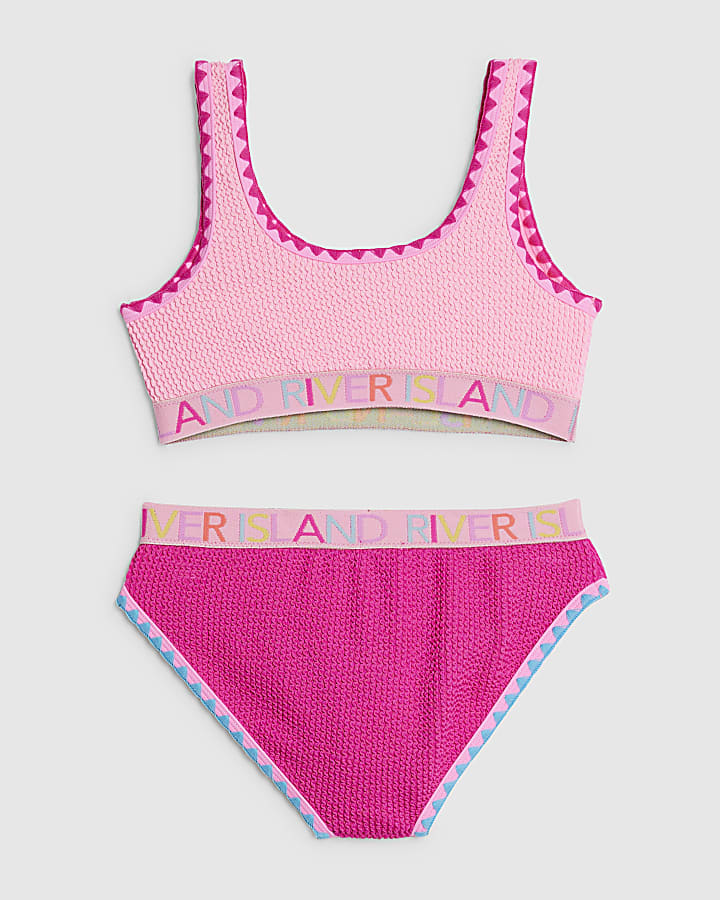Girls Pink Textured Elastic Bikini Set
