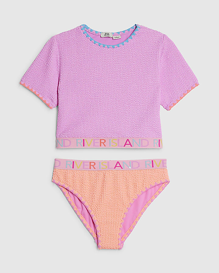 Girls Purple Textured T-Shirt And Bikini Set