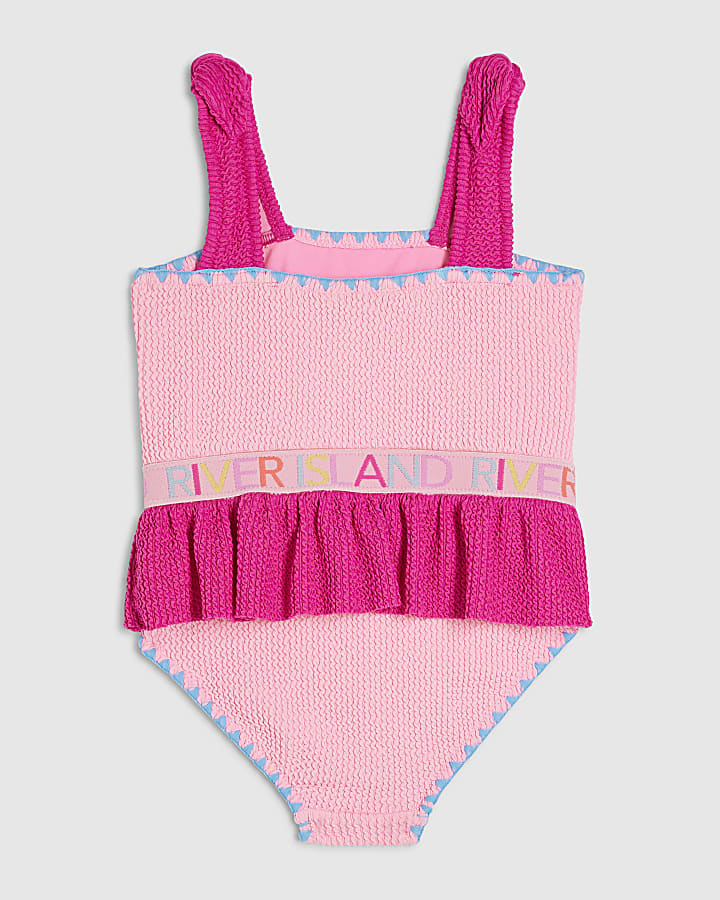Mini Girls Pink Textured Elastic Swimsuit