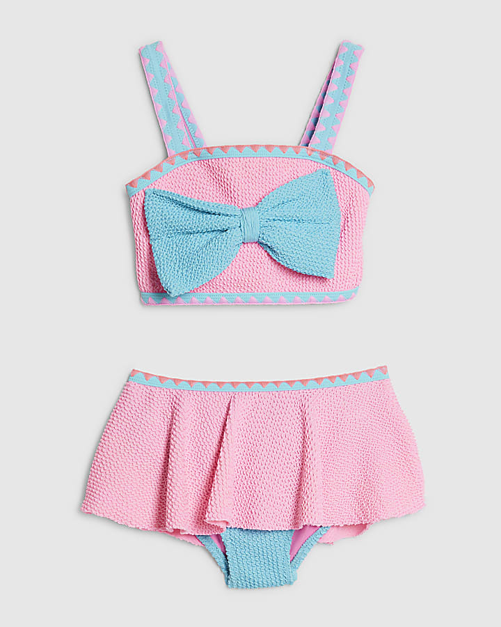 Mini Girls Pink Bow Textured Bikini Set