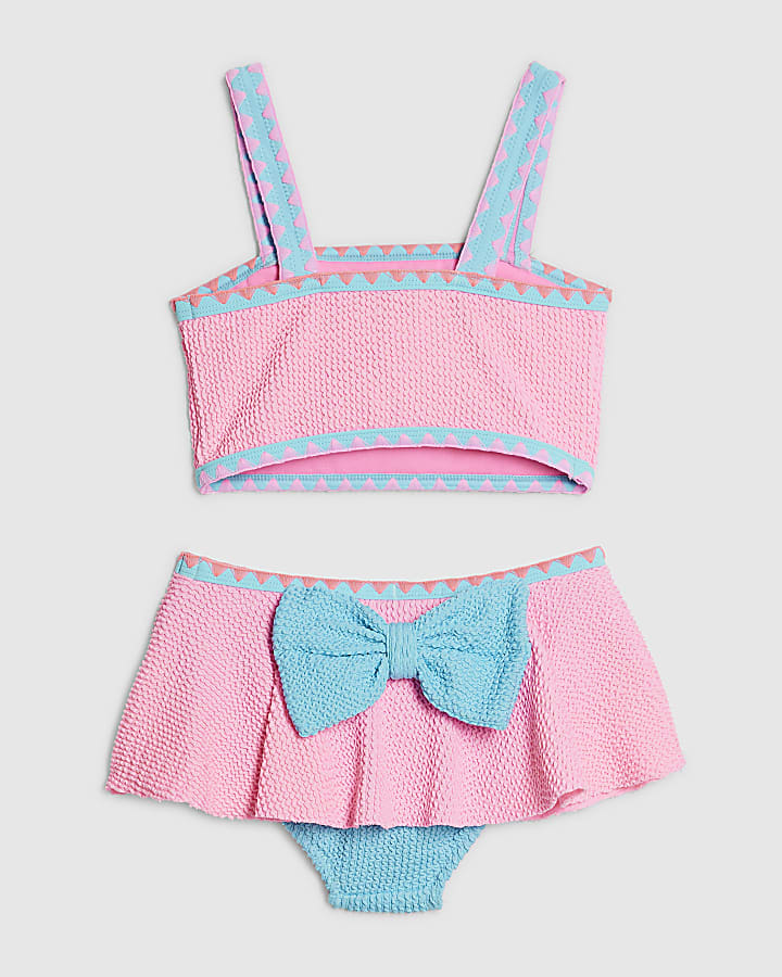 Mini Girls Pink Bow Textured Bikini Set