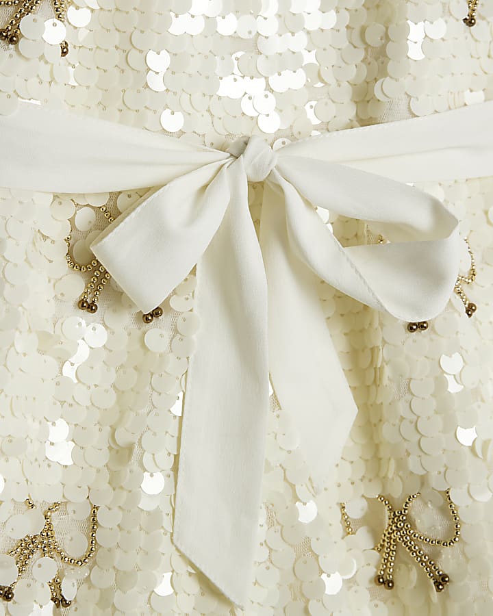 Girls Cream Bow Sequin Playsuit