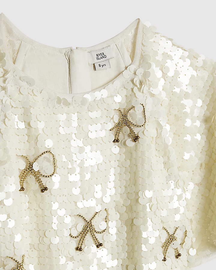Girls Cream Bow Sequin Playsuit