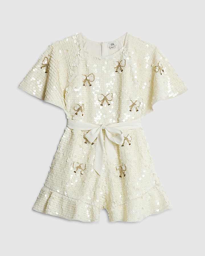 Girls Cream Bow Sequin Playsuit