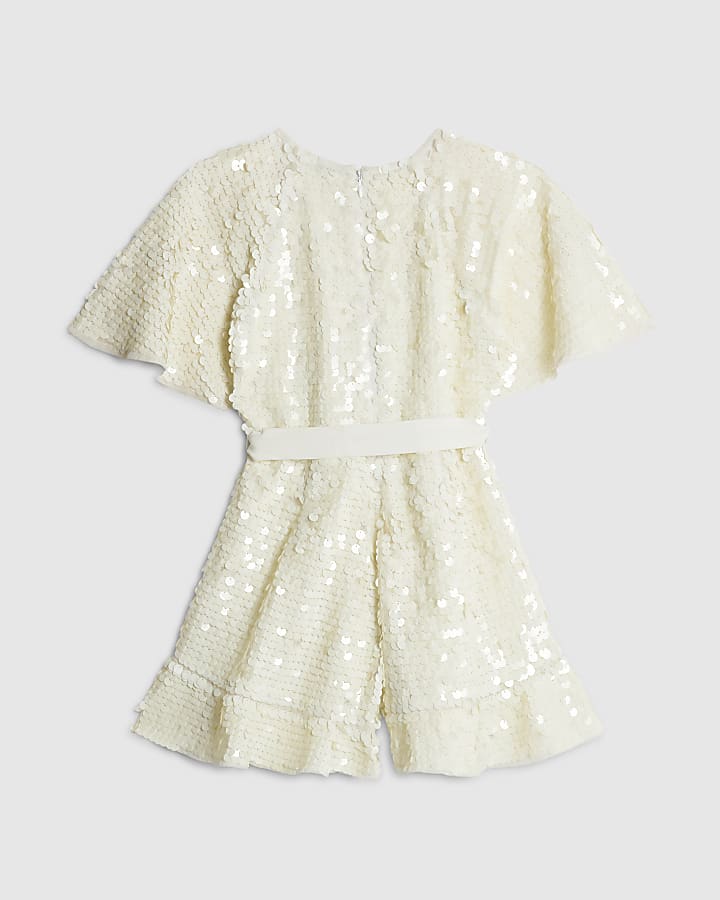 Girls Cream Bow Sequin Playsuit