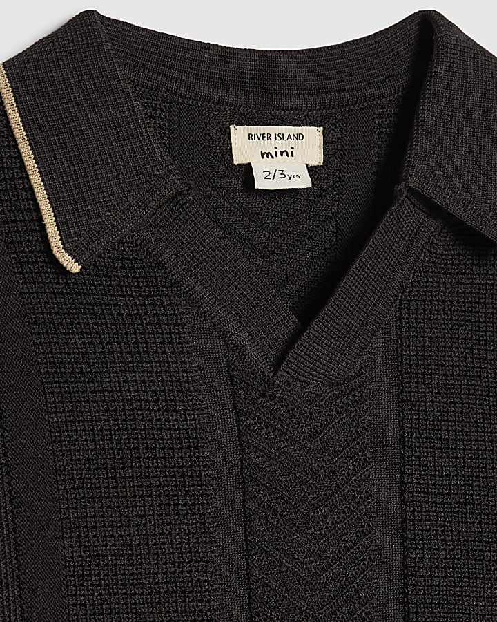 Mini Boys Black Textured Polo Shirt