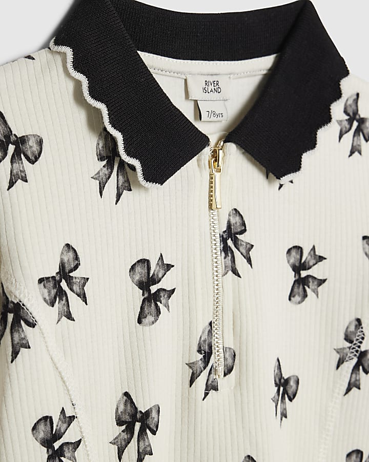Girls Cream Bow Print Rib Polo Dress