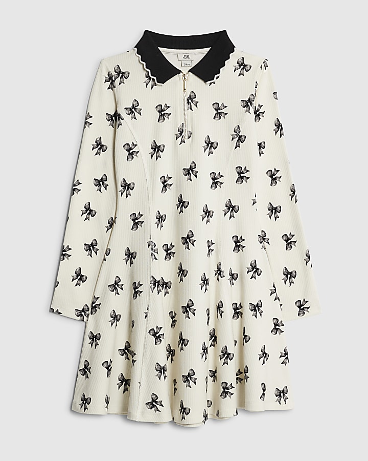Girls Cream Bow Print Rib Polo Dress