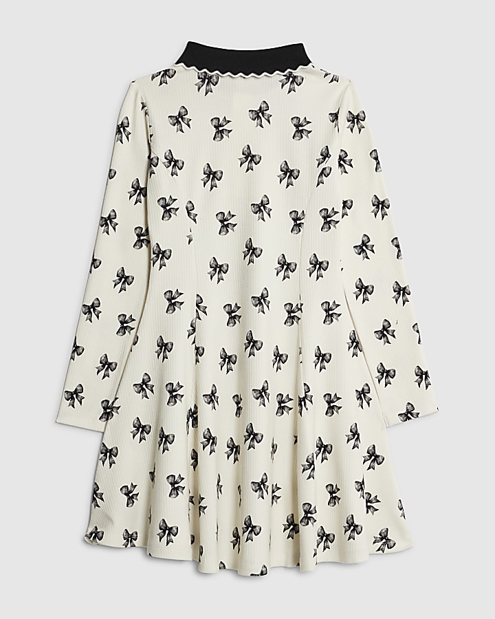 Girls Cream Bow Print Rib Polo Dress