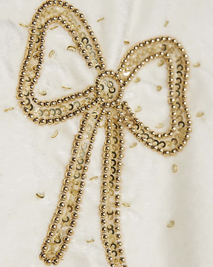 Girls Cream Velvet Bow Playsuit